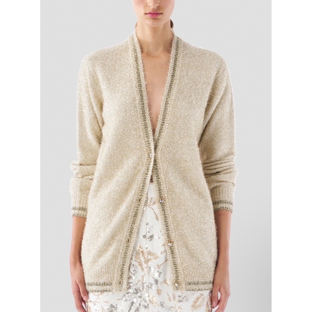 Le Superbe Gold Metallic Cashmere Blend V-Neck Cardigan Sweater Medium Luxury
